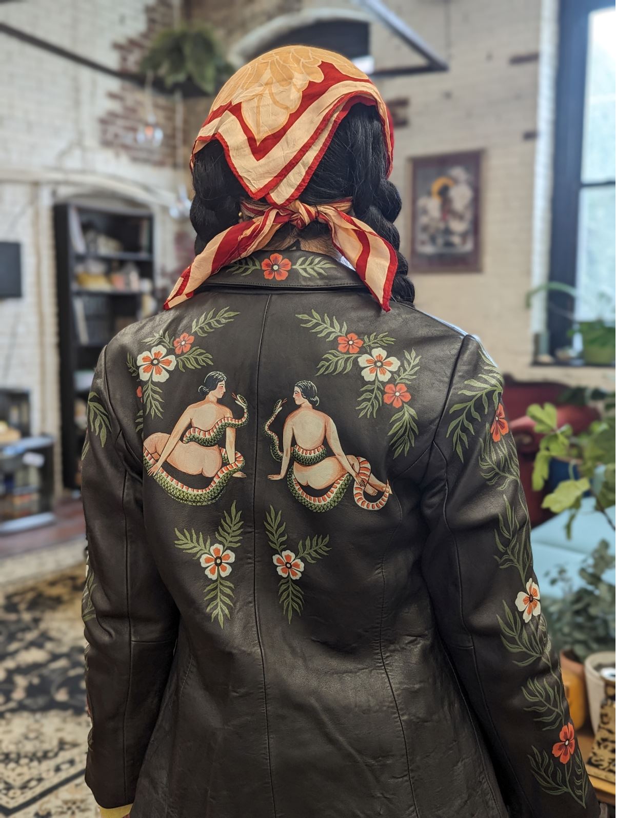Tatoo style painted leather jacket