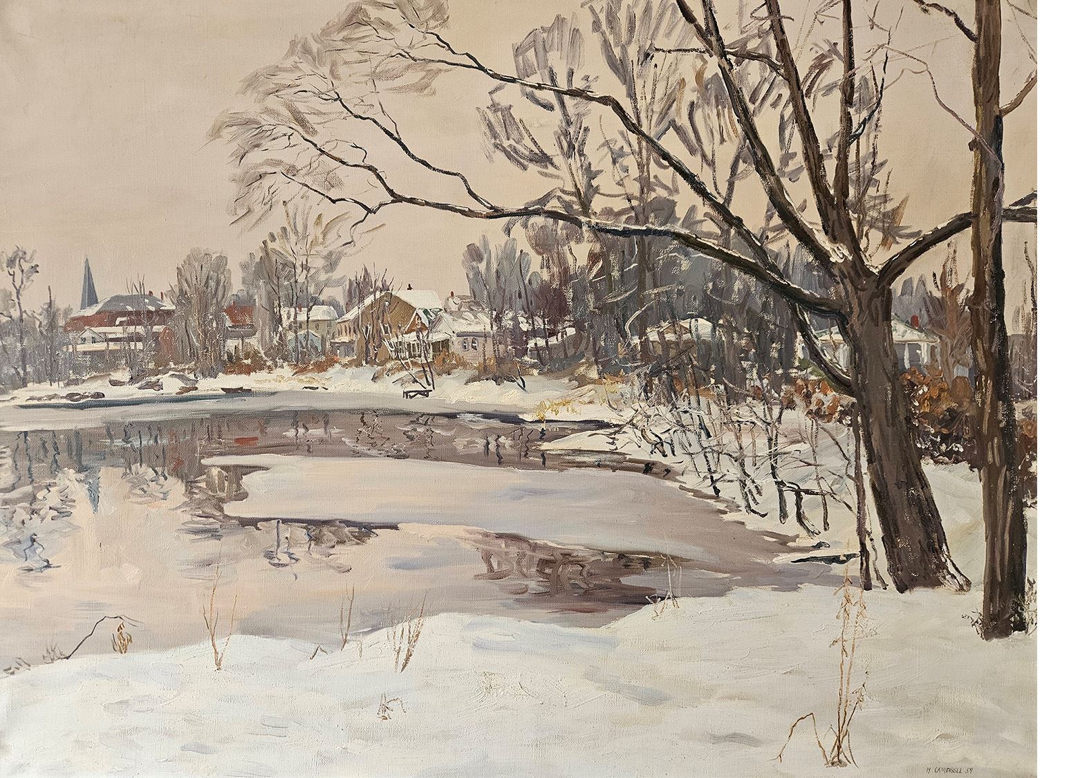 Hugh Campbell Painting winter scene of a lake with snow